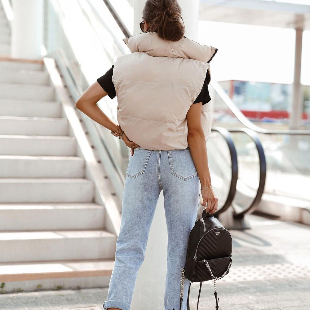 Women Vest Winter Double-Sided Cotton-Padded Jacket Stand Collar Zipper Sleeveless Short Shipment Coat
