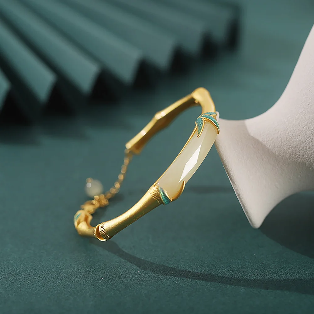 Luxury Bamboo Joint Women's Bracelets Natural Hotan Jade Gilded Jewelry Trendy Retro Adjustable Bangles For Women Couples Gifts