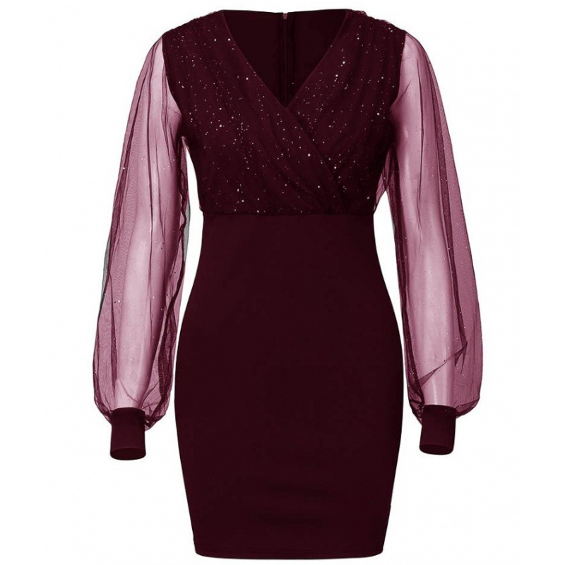 Fall new hip dress, net yarn v-neck sequin dress slim sexy dress