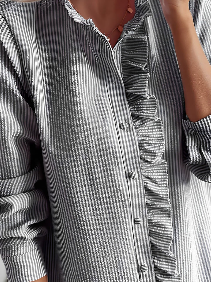 ⏰LAST DAY - HALF PRICE💥Striped Ruffled Textured Long Sleeves Button Down Shirts