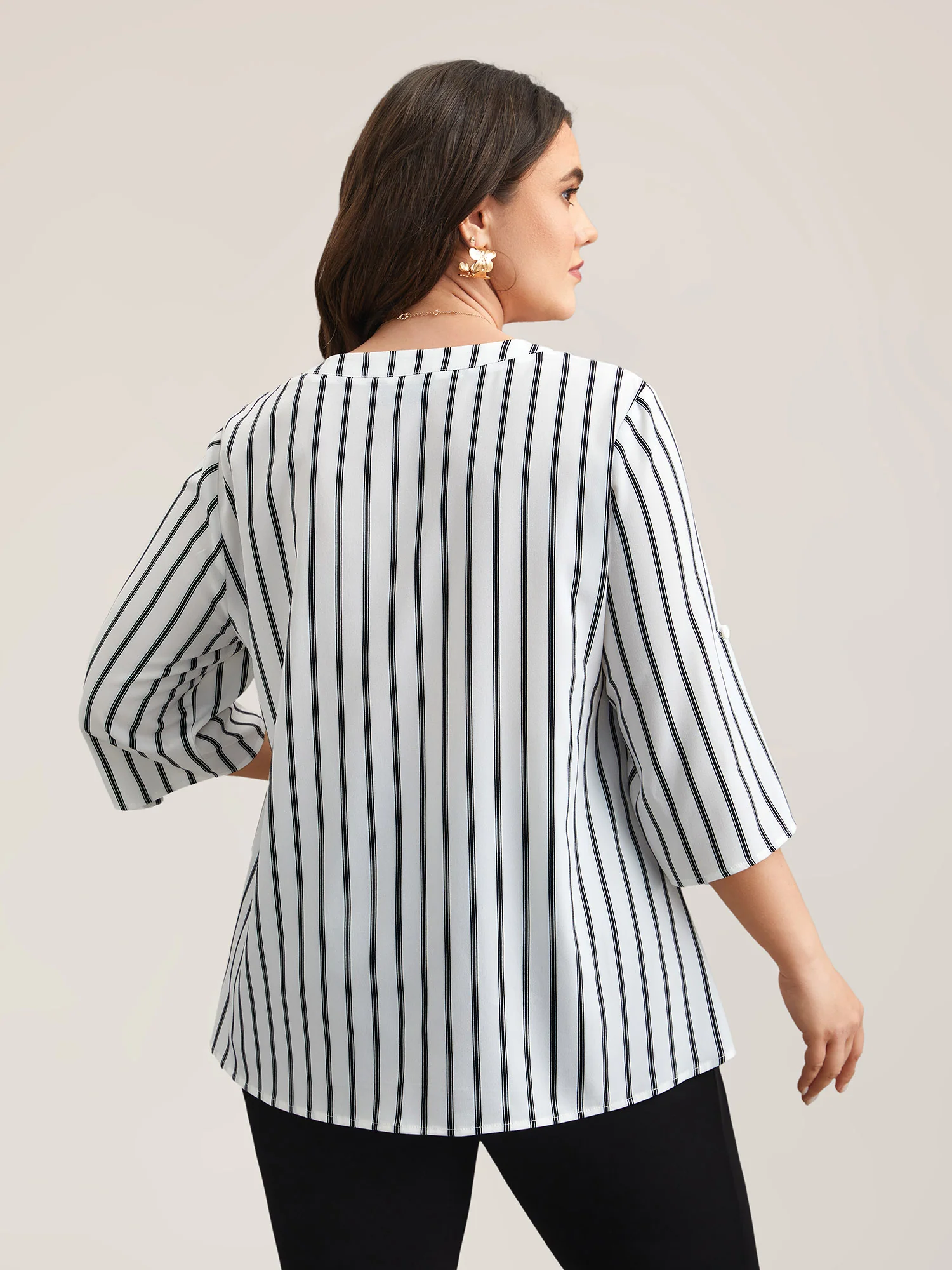 Notched Collar Striped Tab Sleeve Shirt