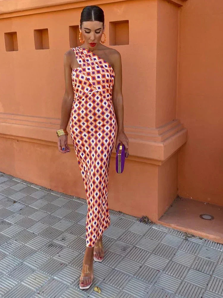 Colorful Asymmetric Neckline Dress