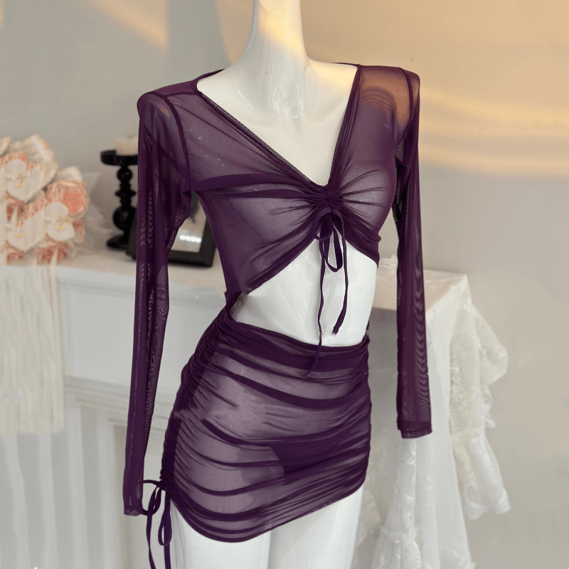 Sexy V-neck Hollow See-through Outfit Lingerie With Stockings