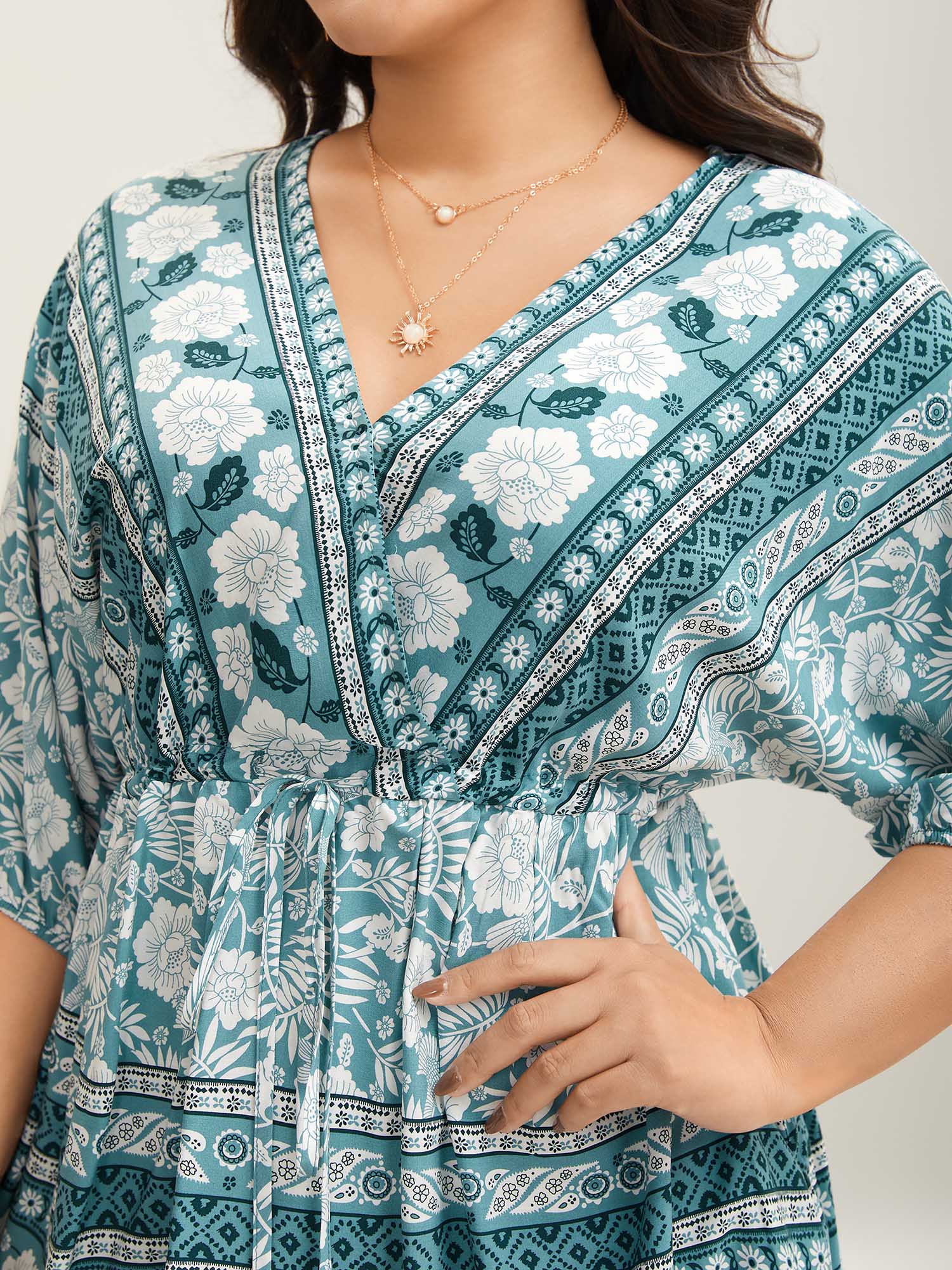 Floral Print Surplice Neck Waist-Cinched Shirt