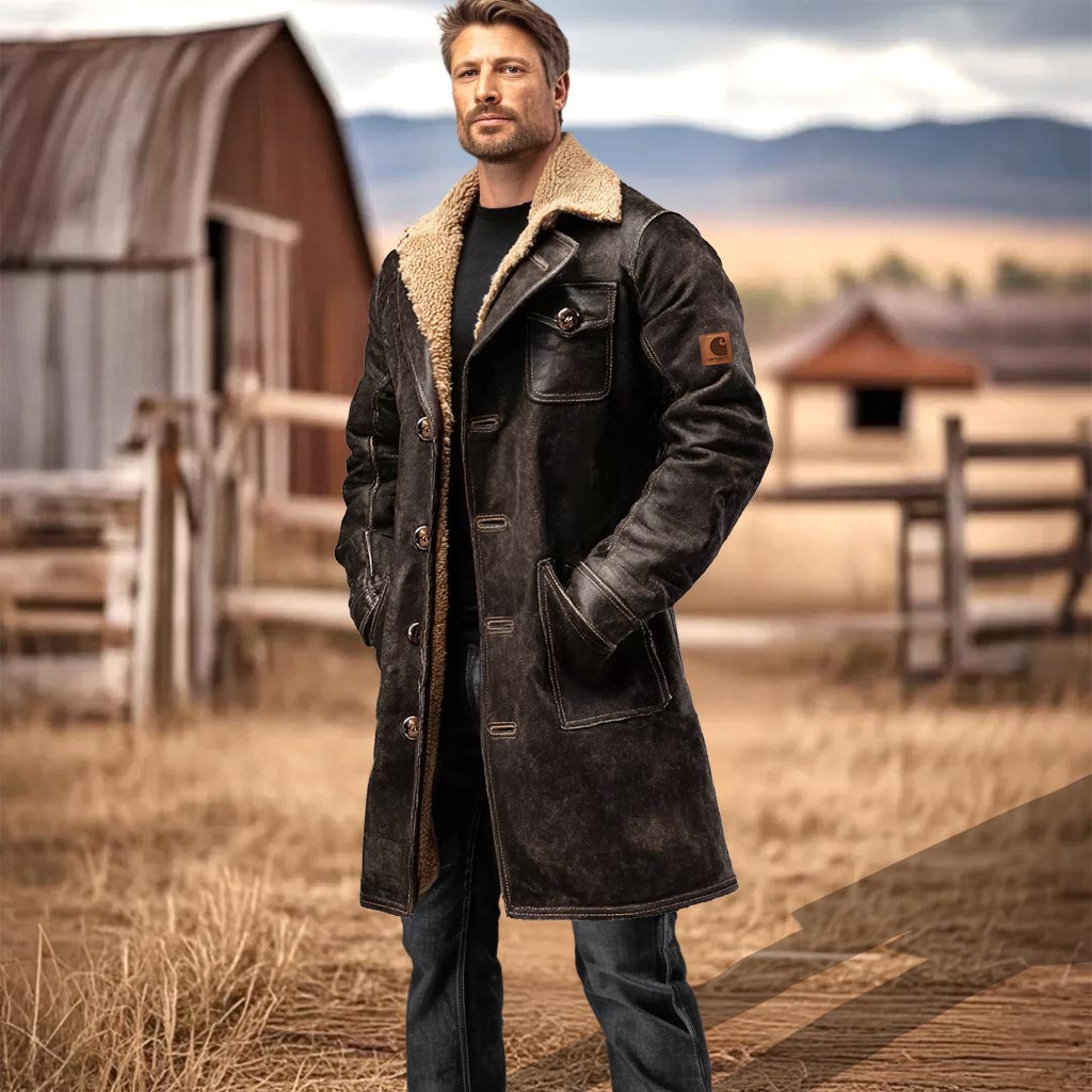 Men's Vintage Dark Brown Suede Leather Faux Fur Jacket Shearling Coat