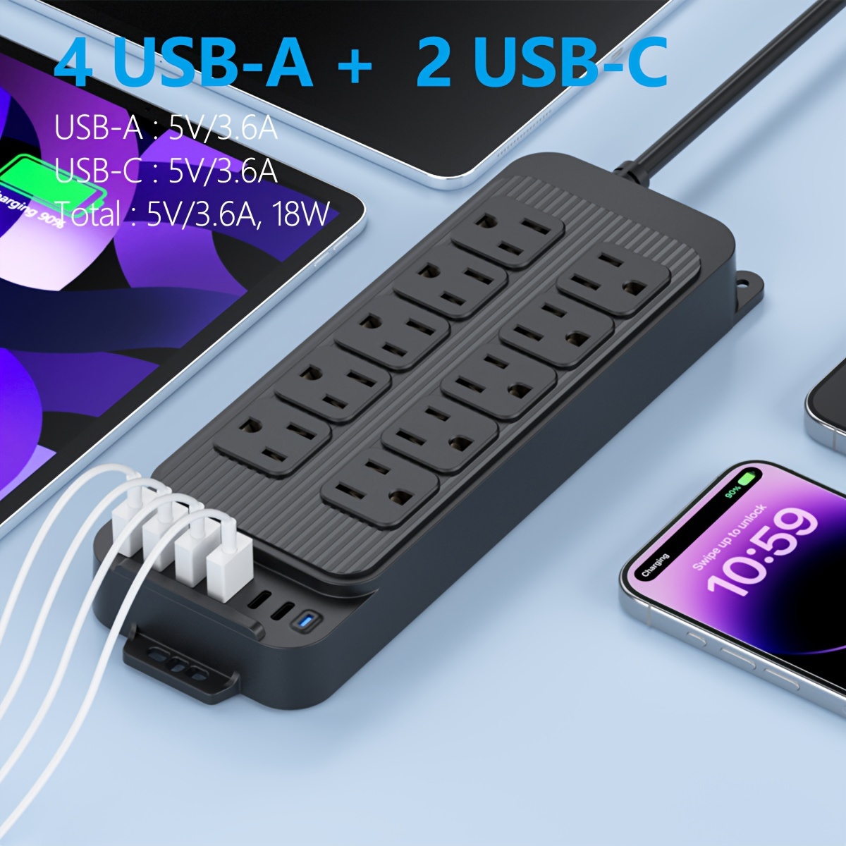 10-Outlet-Flat-Plug-Power-Strip-with-6-USB-Ports-(2-USB-C)