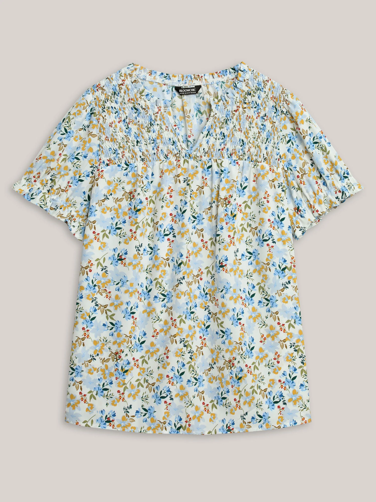 Floral Print Shirred Neck Blouse