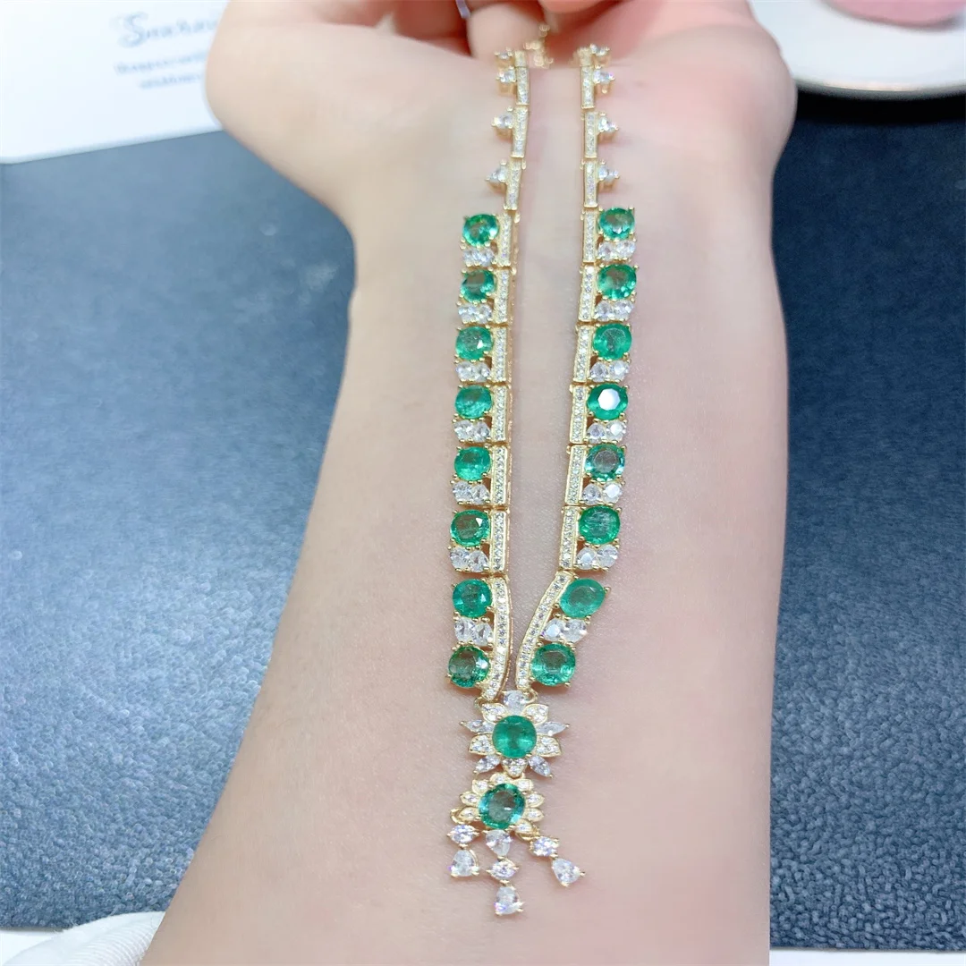 Natural Emerald Chain Row Necklace Christmas Pendant Women's Necklace Gem 925 Sterling Silver Jewelry Certified Boutique