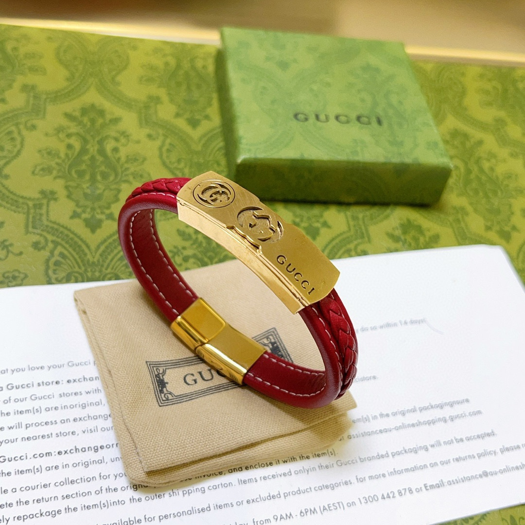 Gucci Braided Red Leather Gold GG Bracelet
