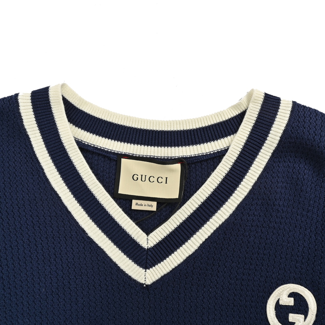 Gucci 24Fw preppy style double G embroidered striped V-neck knitted sweater