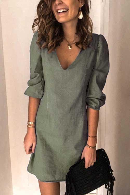 Heididress V Neck Cuff Sleeve Solid Mini Dress