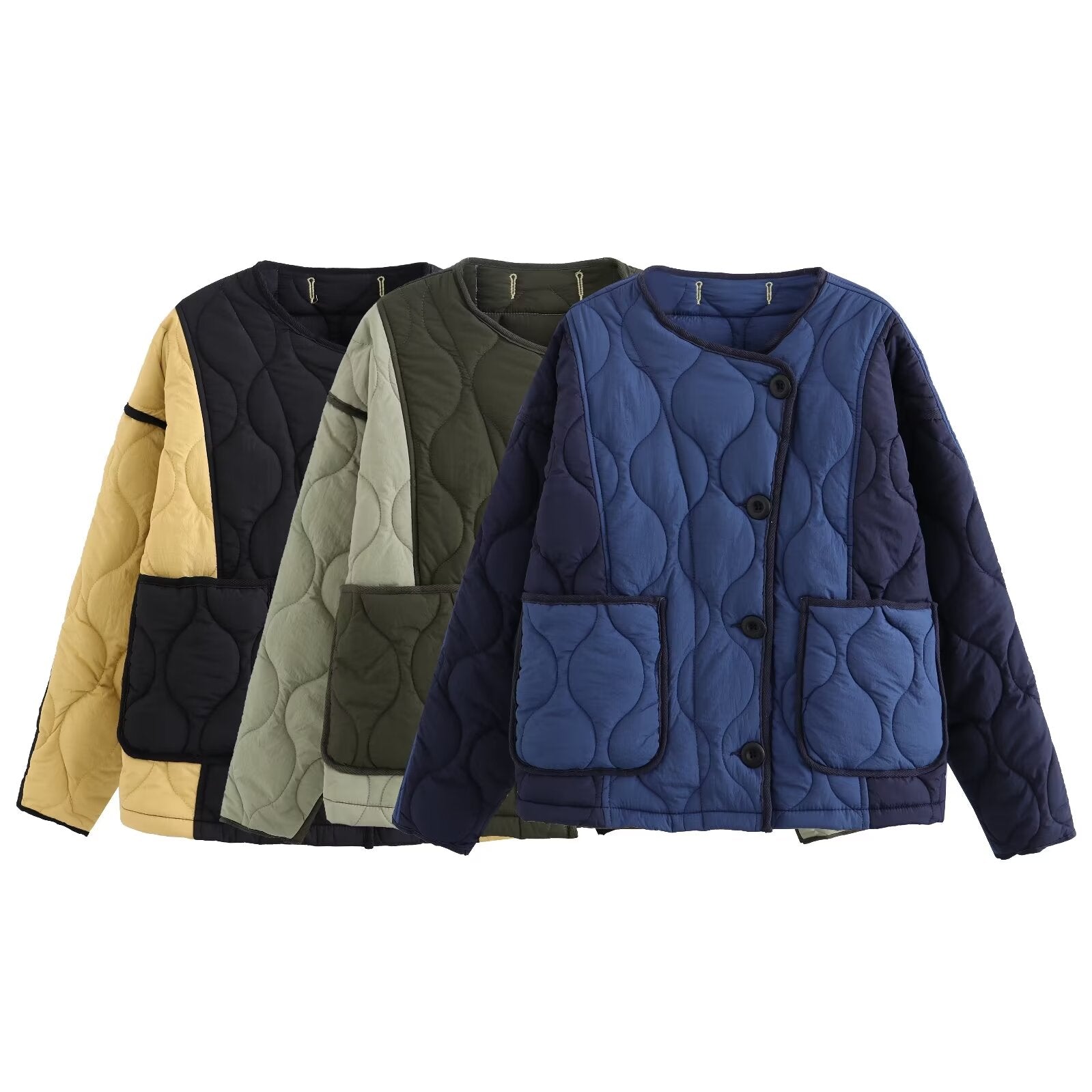 Winter Loose Slimming Color Block Crew Neck Double Pocket Cotton Jacket Women