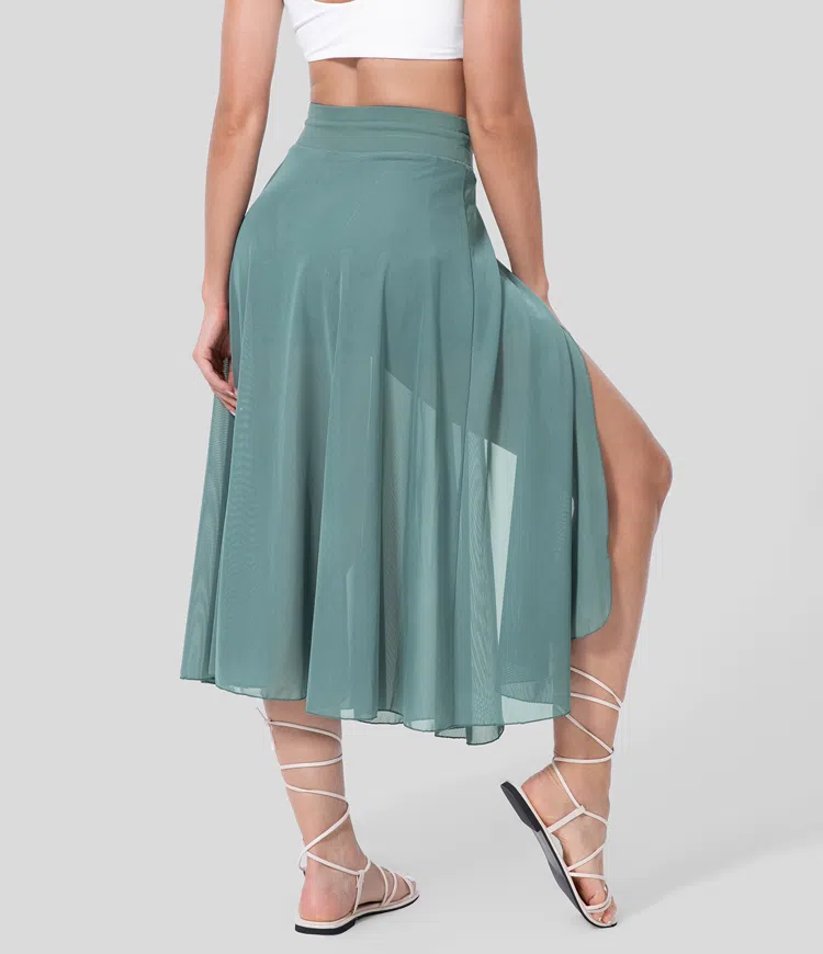 ON SALE🔥High Waisted Drawstring Contrast Mesh 2-in-1 Side Pocket Flowy Midi Flare Casual Skirt