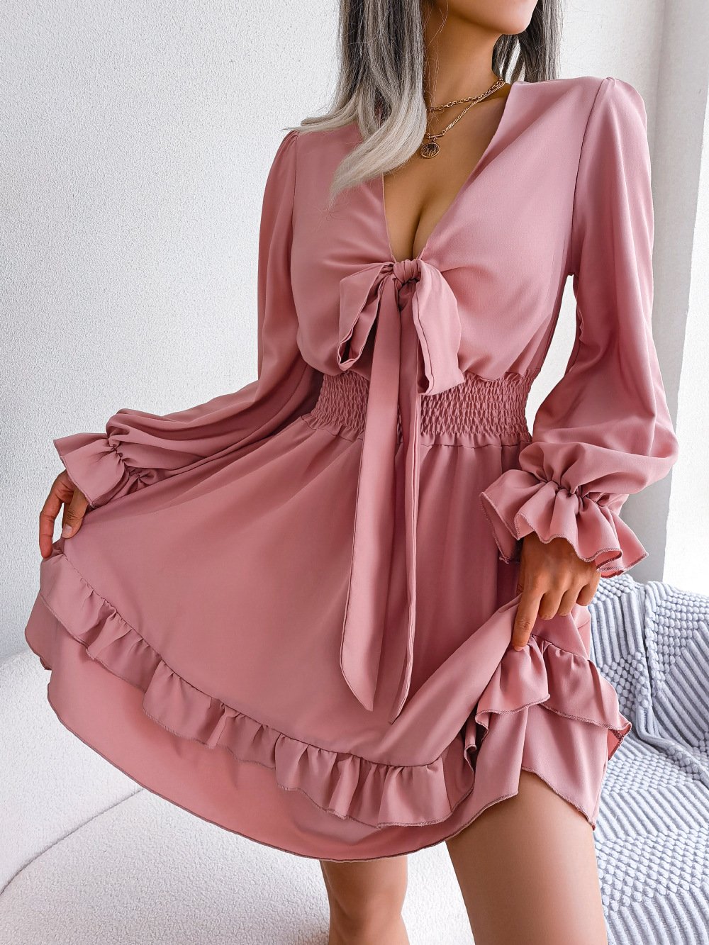 Avamo Ladies Short Dress V Neck Mini Dresses Lace Up Holiday Loose Sexy Long Sleeve