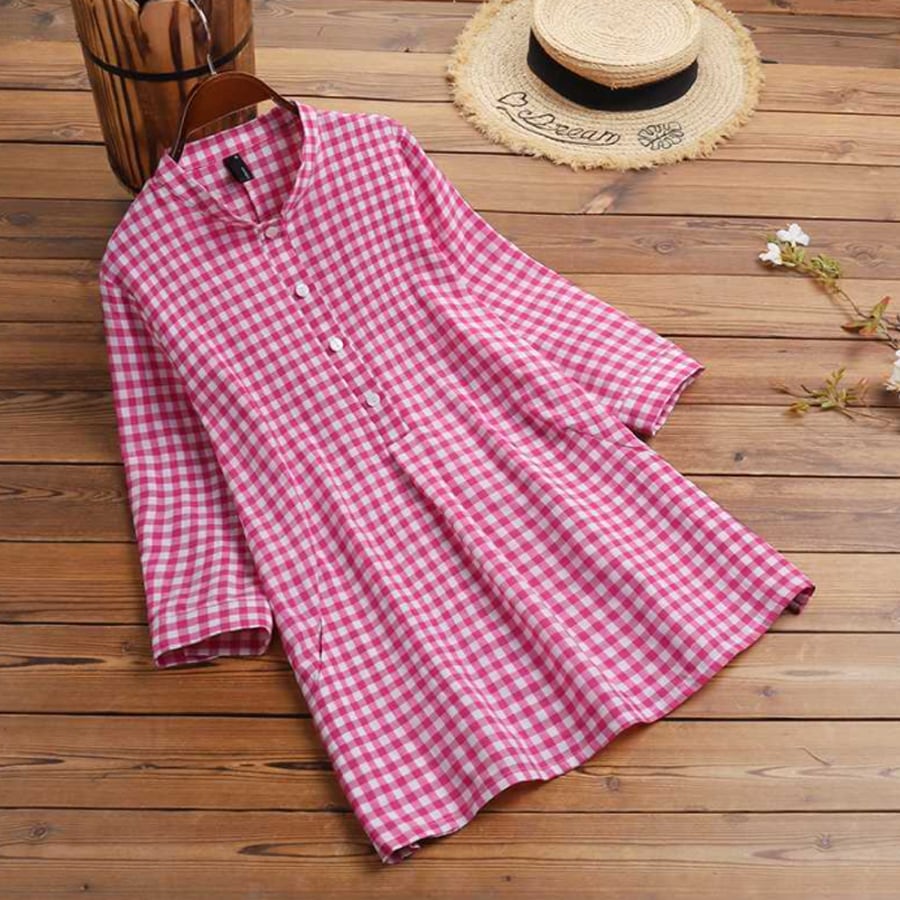 Ladies Vintage Plaid Cotton Linen Shirt