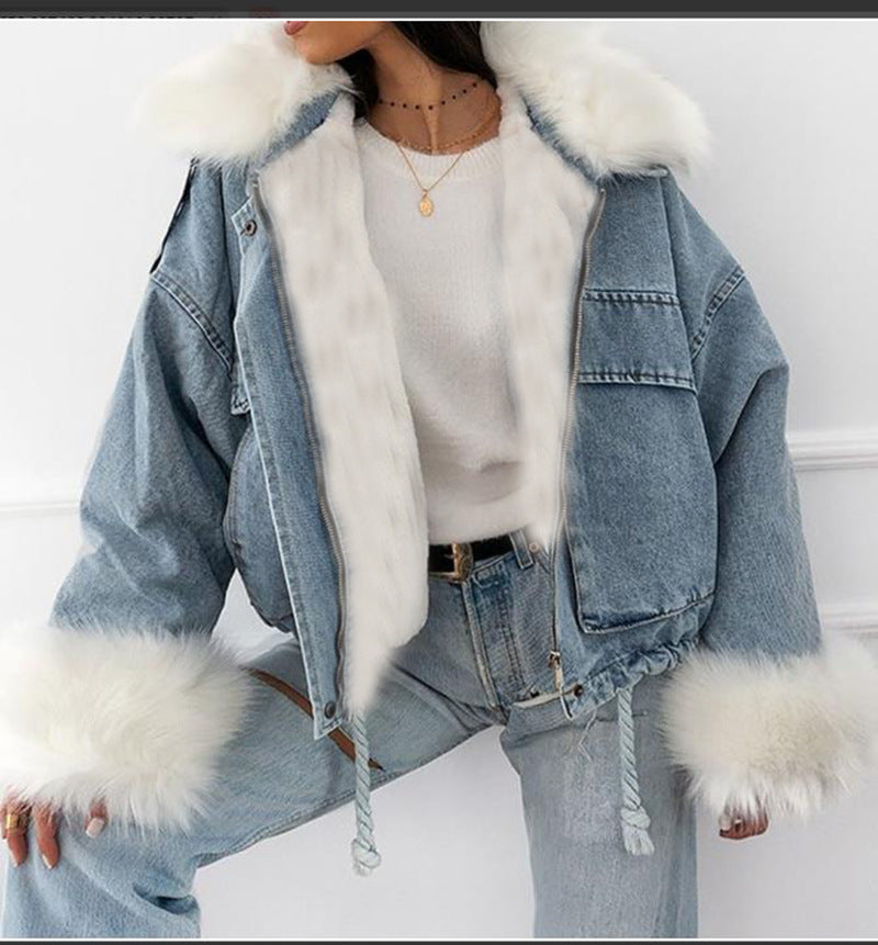 Washed White Short Denim Jacket with Integrated Fur