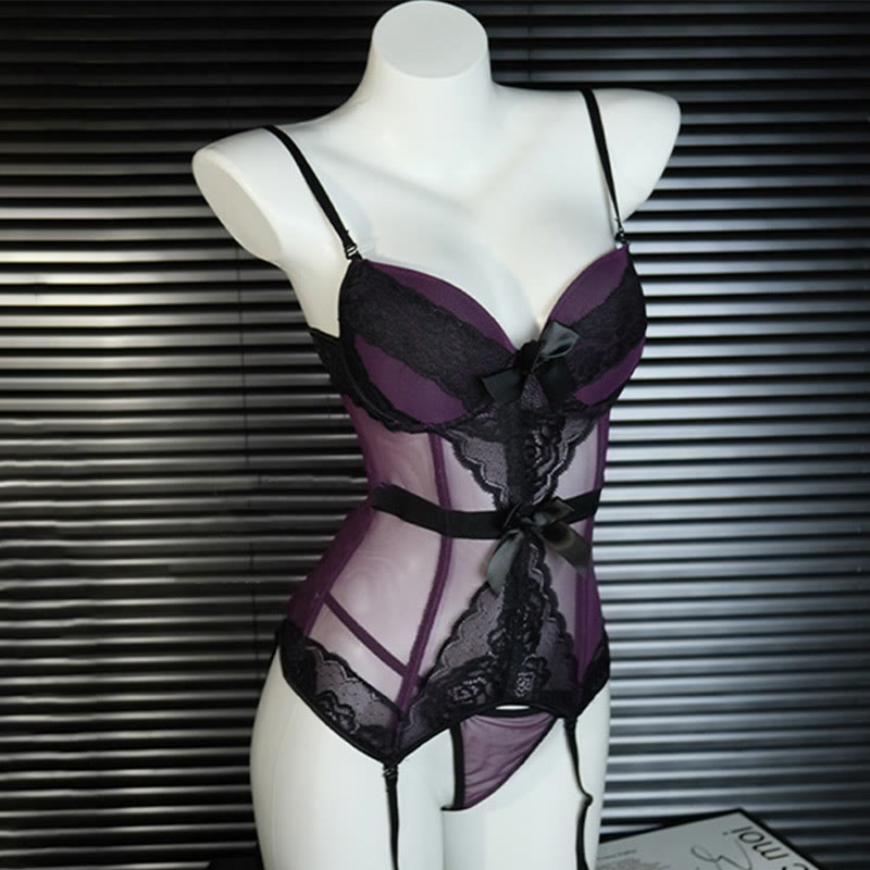Sexy Bow See-through Jumpsuit Lingerie Set