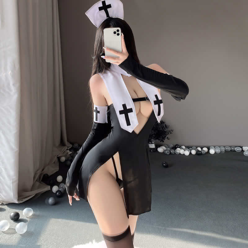 Cosplay Nun Cross Print Sexy Split Lingerie Dress