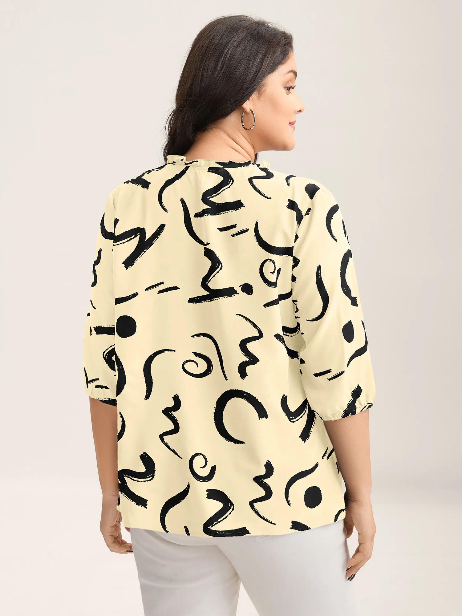 Scribble Print Ruffled Split Neck Blouse