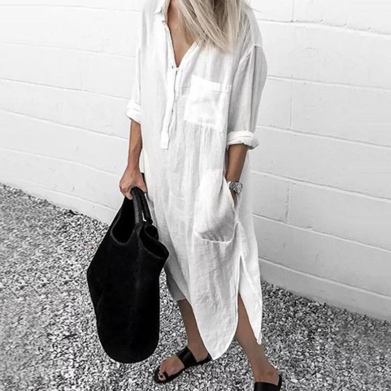 Casual Solid Long Sleeve Pocket Shirt Dress