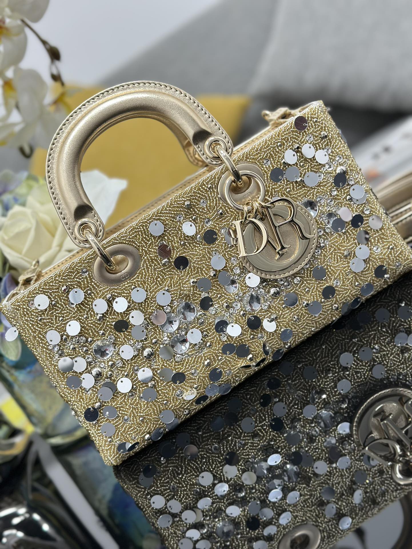 Dior Lady D-Joy Medium Embroidered Sequin Gold Lady Diana Bag M0540