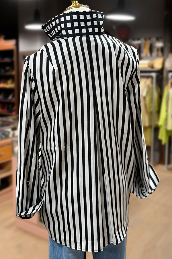 Striped Print Contrast Roll Sleeve Blouse