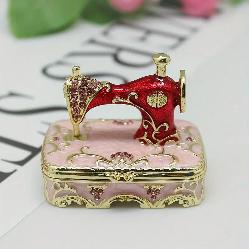 Handmade Enamel Rhinestone Sewing Machine Jewelry Box