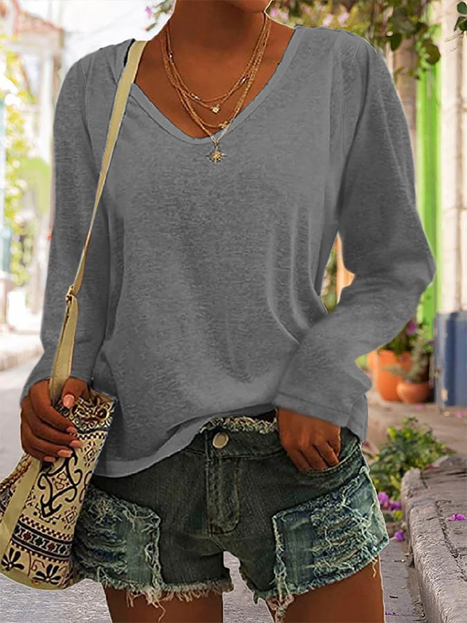 Solid Color Long-Sleeved Colorful Cotton T-Shirt