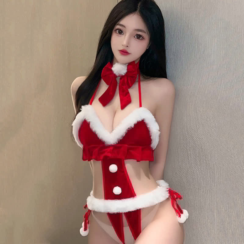 Christmas Hollow Out Bow Knot Velvet One-piece Lingerie Set
