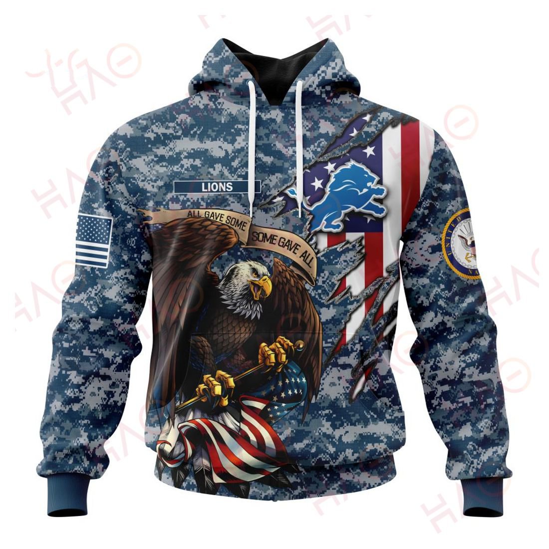 DETROIT LIONS 3D HOODIE US NAVY VETERANS