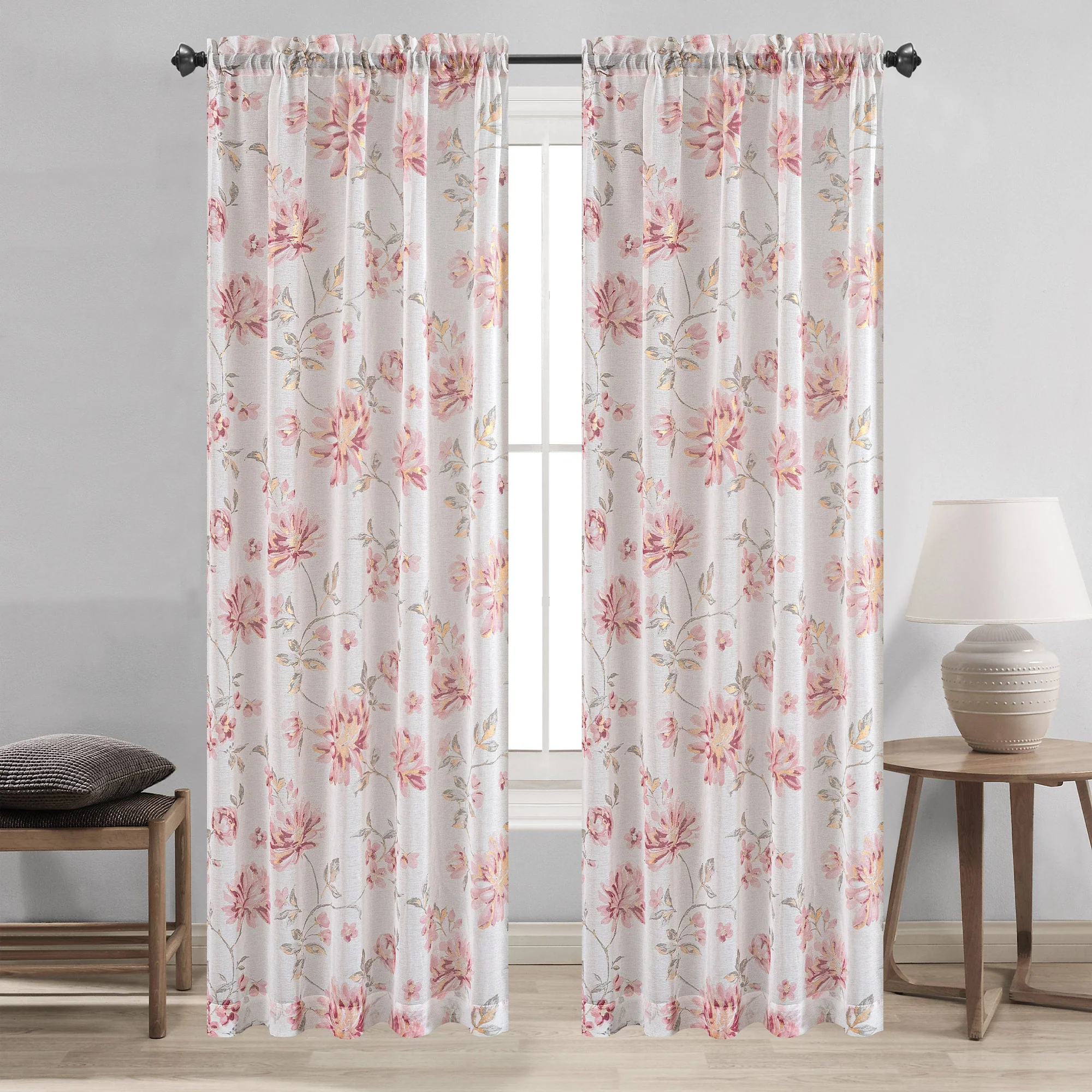 Anna Sheer Metallic Floral Rod Pocket Window Panel & Waterfall Valance, All Sold Separately