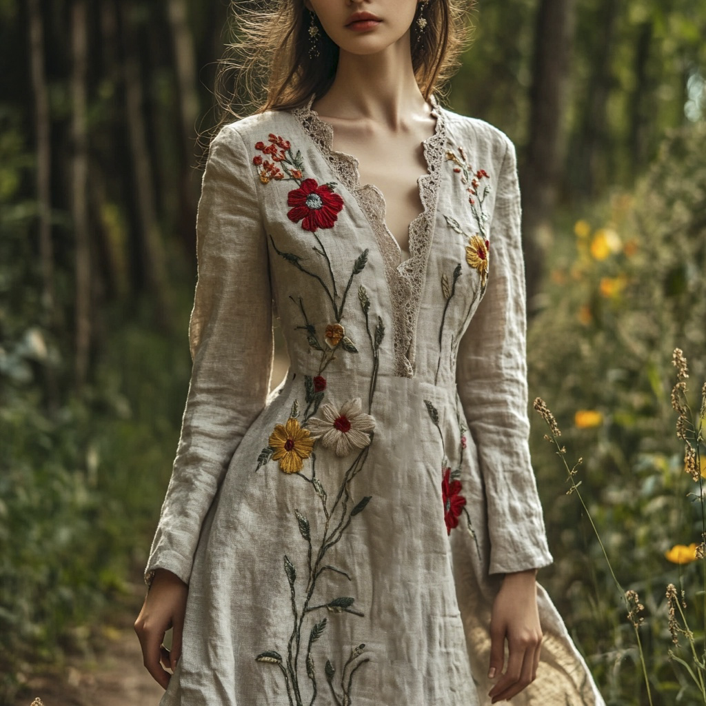 Vintage Forest Floral Embroidery Art Women's Linen Flowy Maxi Dress