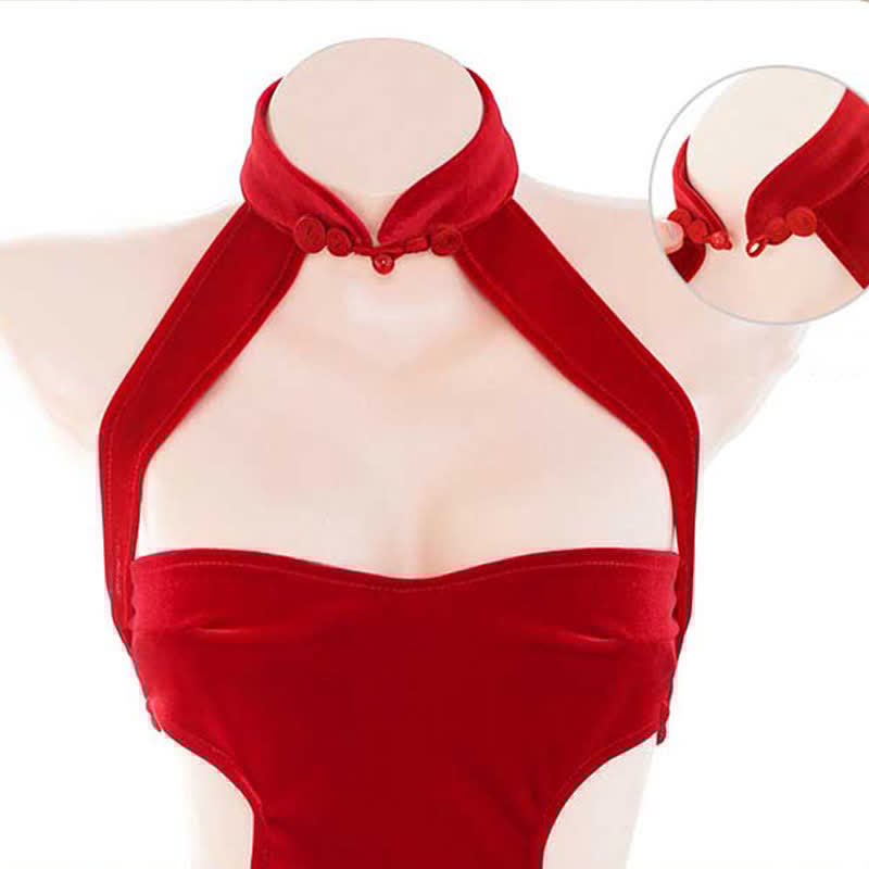 Christmas Lace Up High Split Cheongsam Lingerie Dress