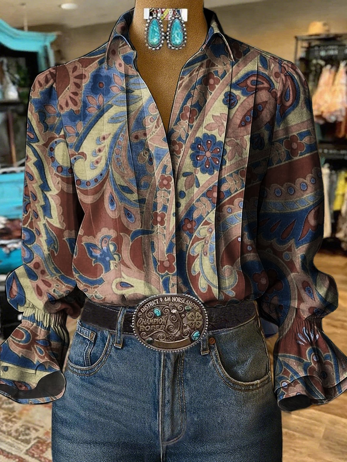 Women's Casual Western Puff Sleeve Patterned Shirt