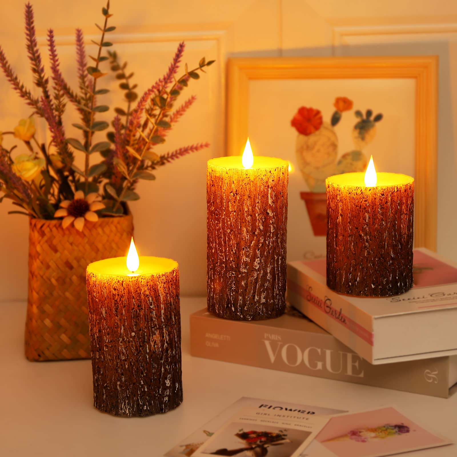 🎄Christmas Sale 49% OFF🎄Realistic LED Pine Bark Flameless Candles with Remote Timer Set of 3