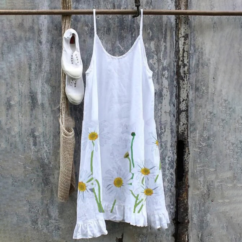 Casual Printed Cotton Linen Slip Midi Dress