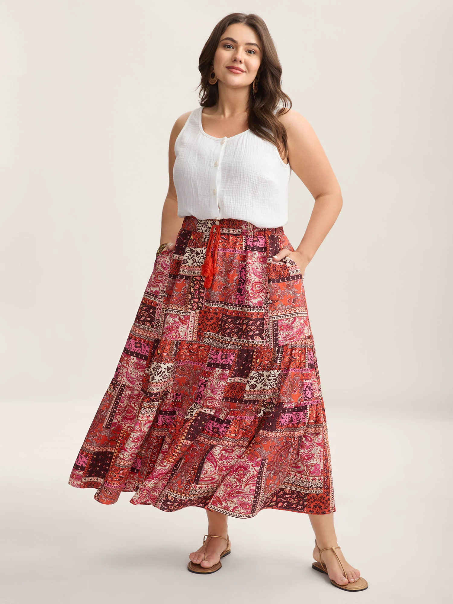 Geometric Collage Waist-Tie Maxi Skirt