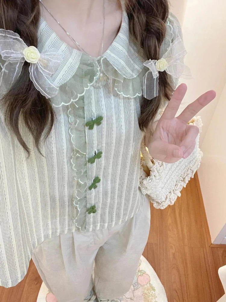 Striped Harajuku Lace Bow Blouse