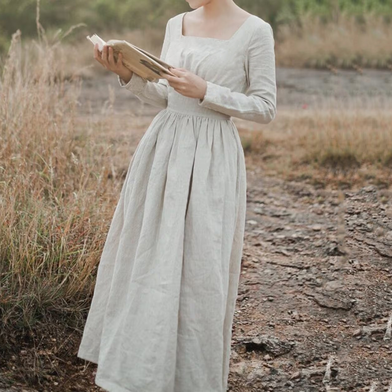 Vintage Square Neck Comfy Cotton Linen Maxi Dress