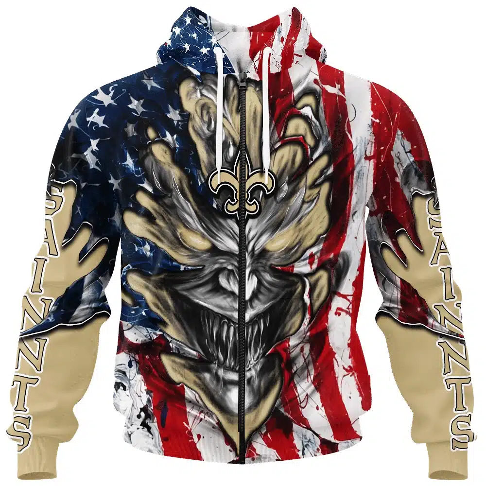 NEW ORLEANS SAINTS DEMON FACE AMERICAN FLAG-3D UNISEX HOODIE