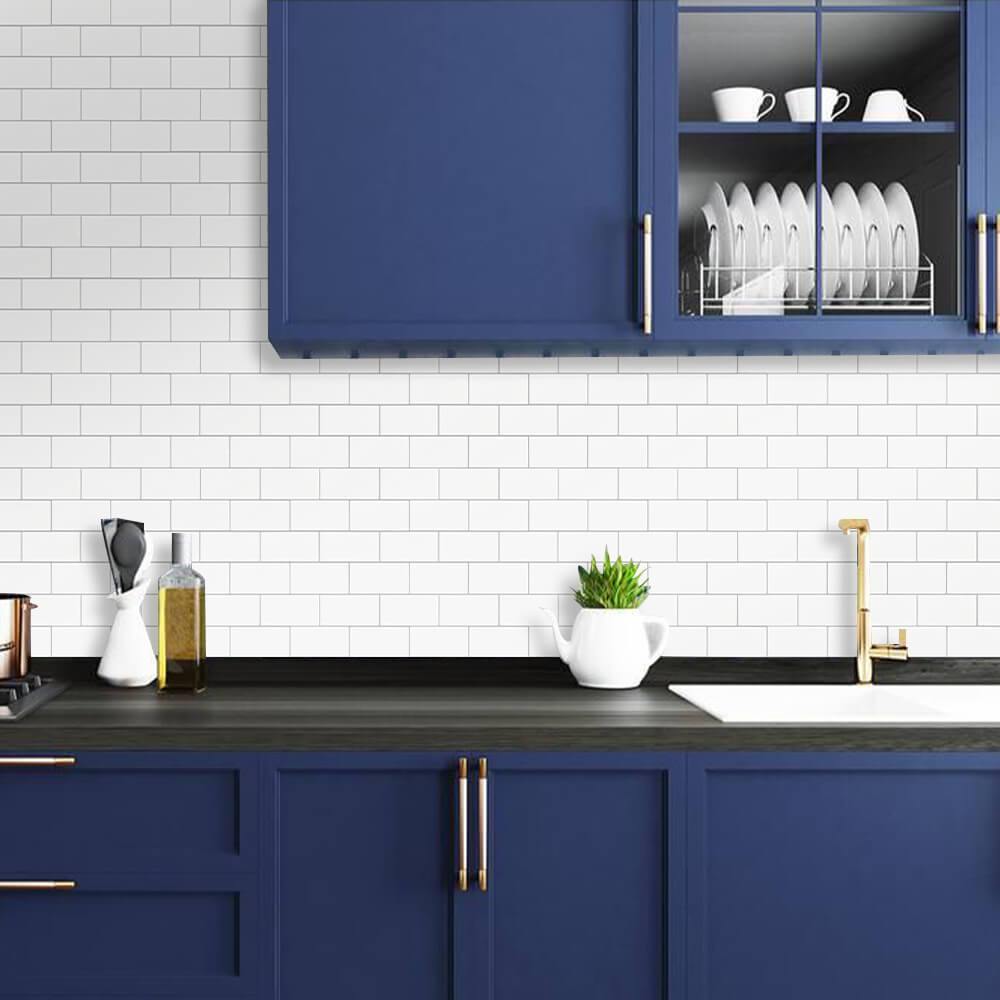 White Subway Peel and Stick Backsplash Tile with Grey Grout - Thicker Design