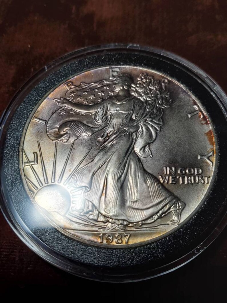 1987 American Silver Eagle BU  -  1 Oz .999 - Nice toning - Includes airtight capsule-  Lot# 475