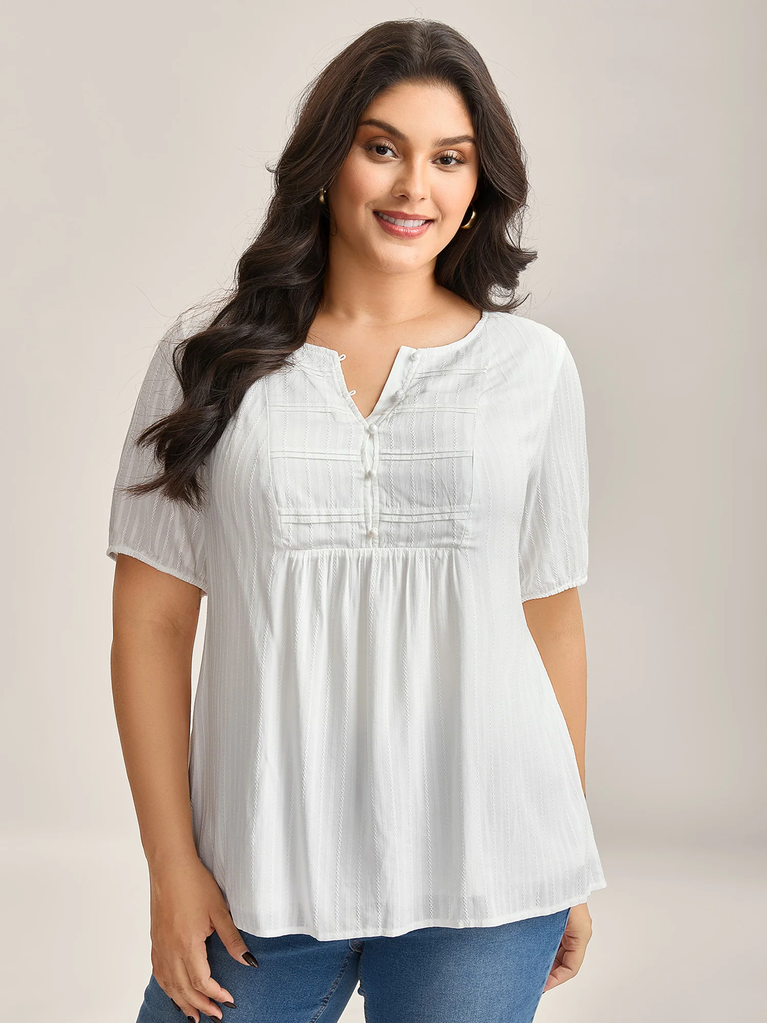 Textured Pleated Bodice Plain Blouse