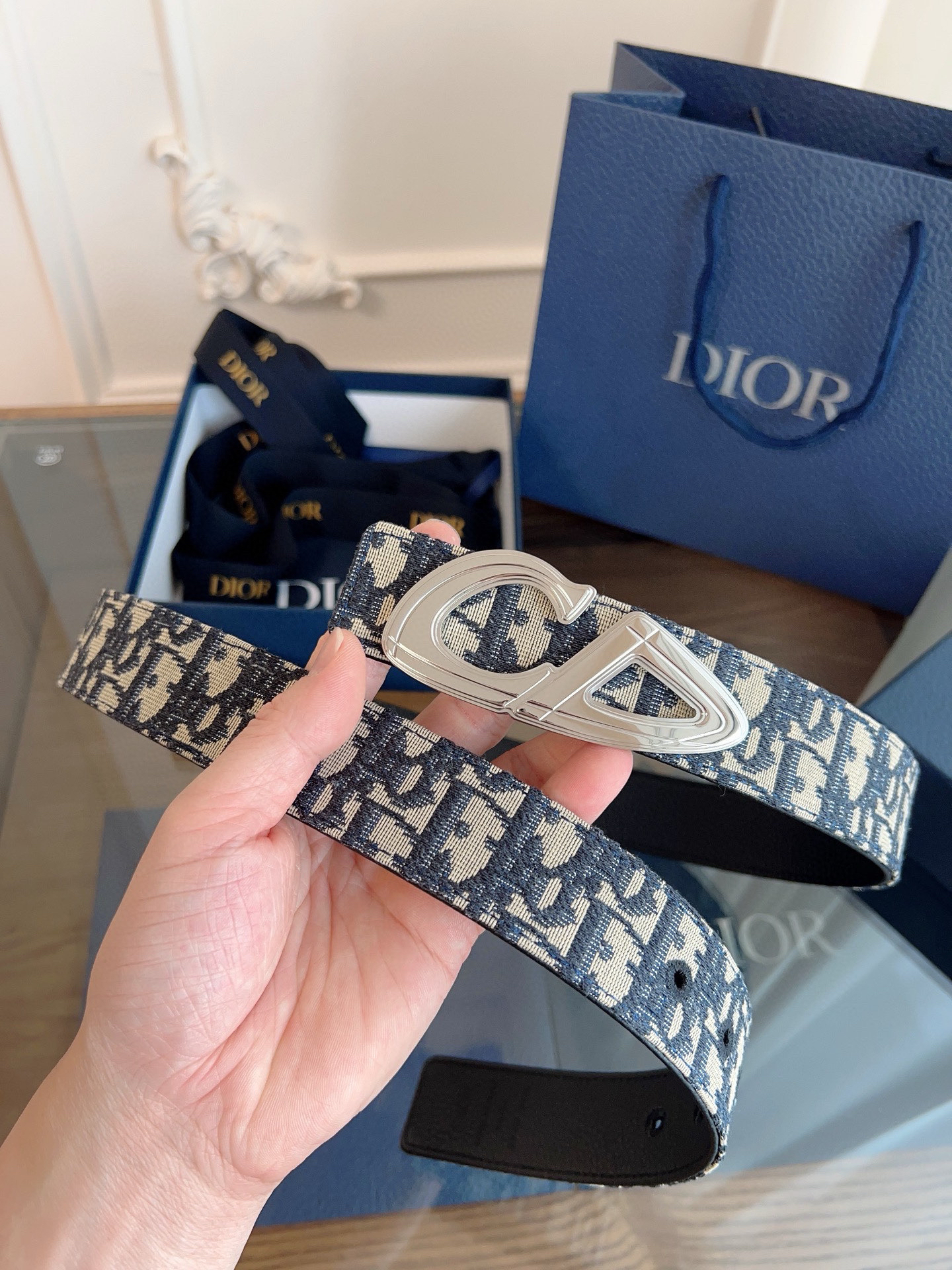 Dior Oblique Blue Cloth Black Cowhide Leather Strap 3.5cm Wide