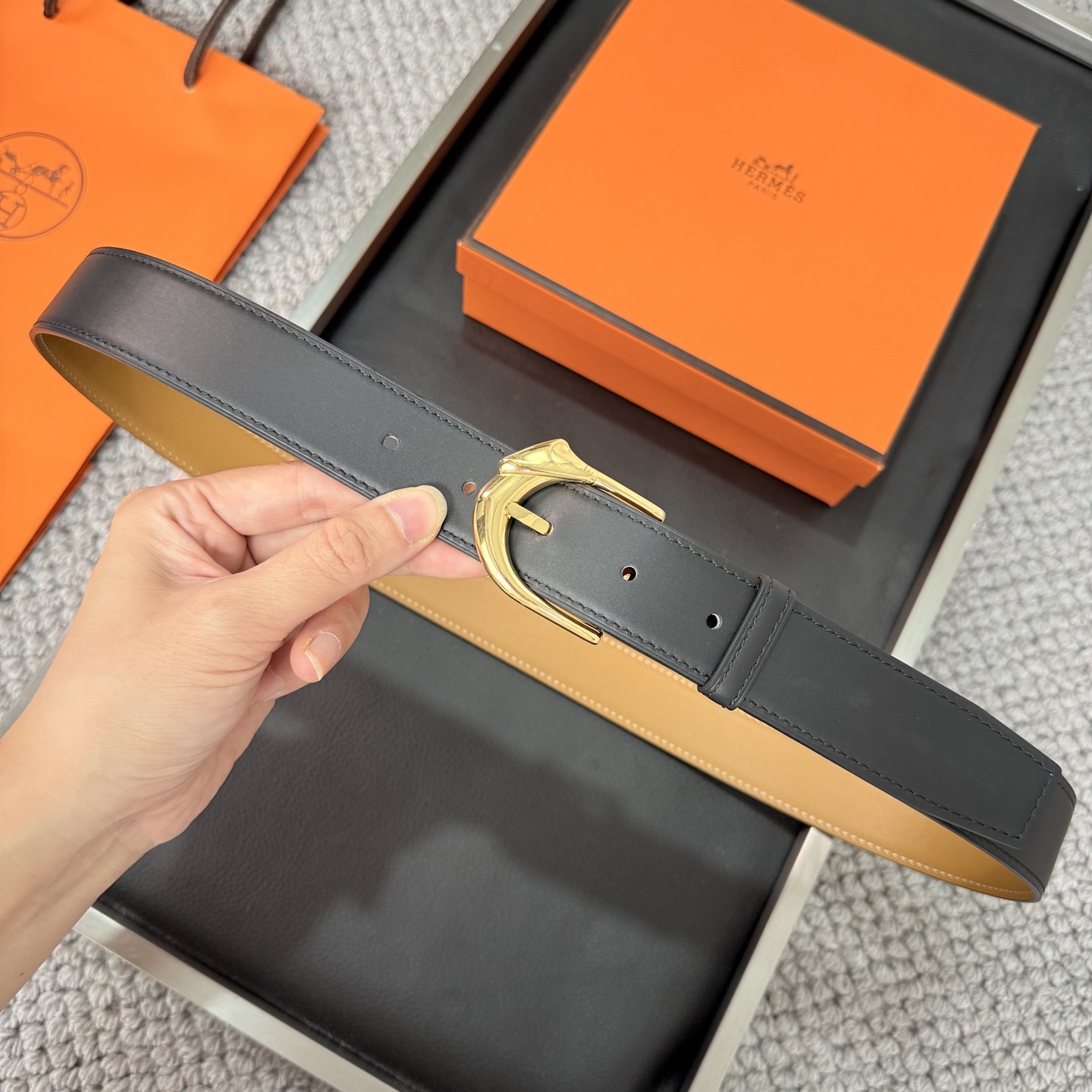 Hermès BoxTogo calfskin double-sided belt 3.2CM wide