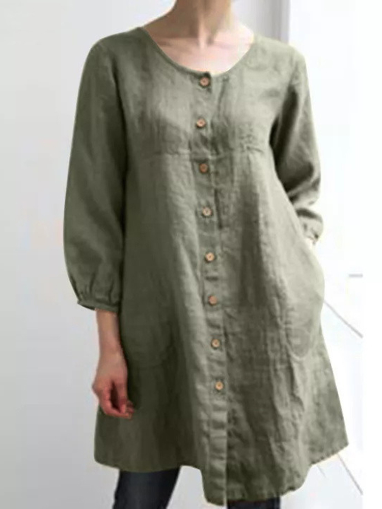 Solid Color Round Neck Button Casual Shirt