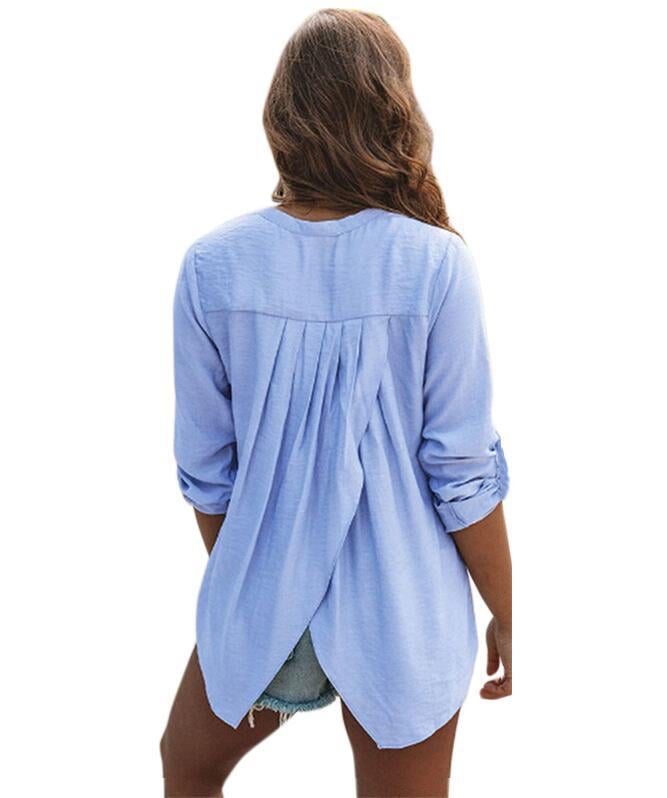 Women Blouse V Neck Shirts Ladies Plain Work Long Sleeve Tops Pleated Casual