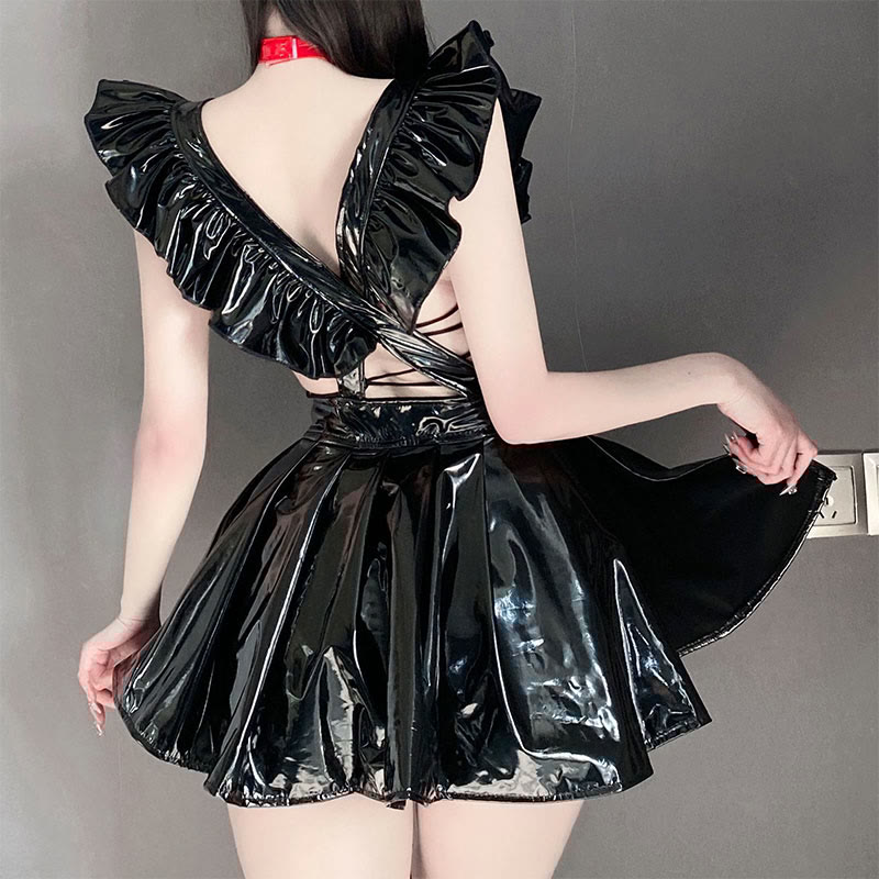 PU Hollow Out Bow Lingerie Dress