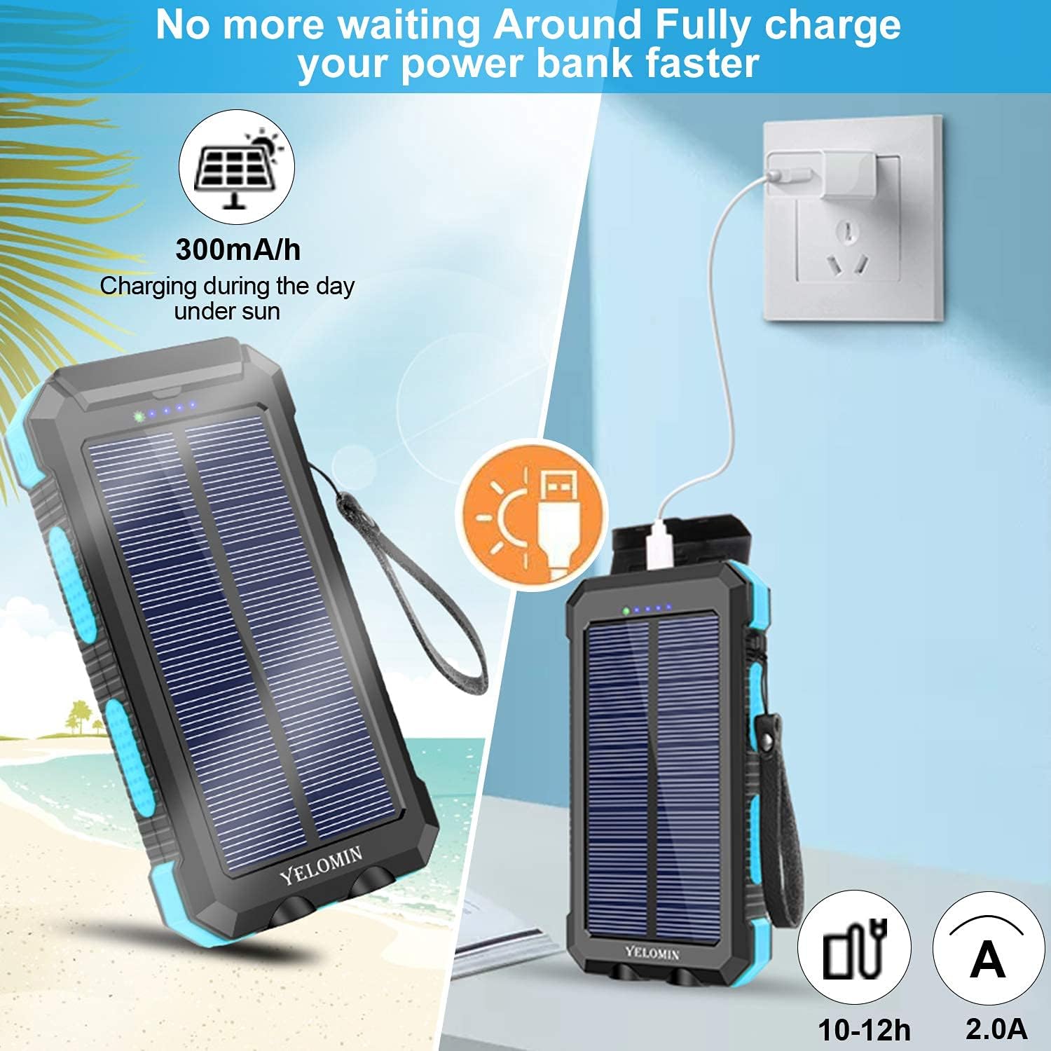 YELOMIN Solar Charger, 38800mAh Portable Solar Power Bank, Waterproof Battery Pack for Outdoor Activities, Camping External Backup Power Charger Dual USB 5V Outputs/LED Flashlights