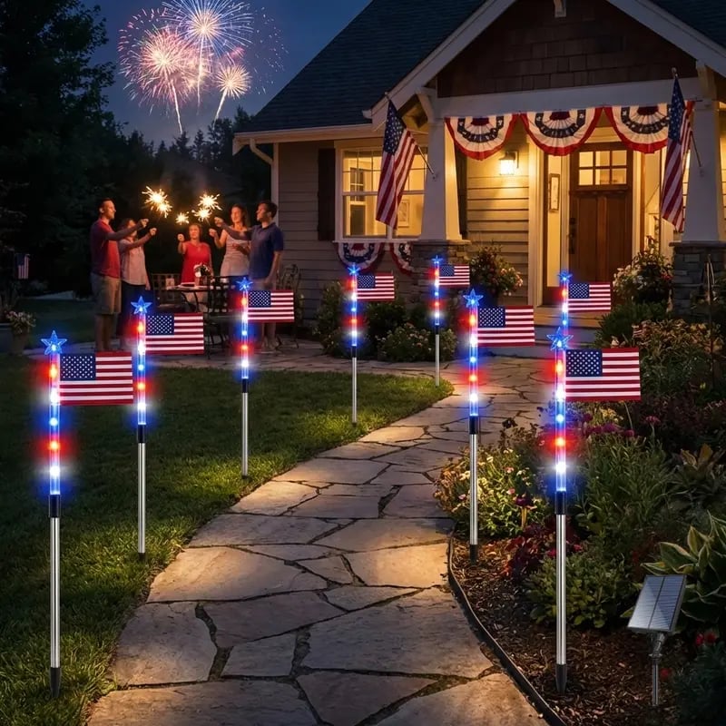 8 Solar American Flag Pathway Lights – Red, White & Blue Yard Glow for 250th Independence Celebration 🇺🇸✨